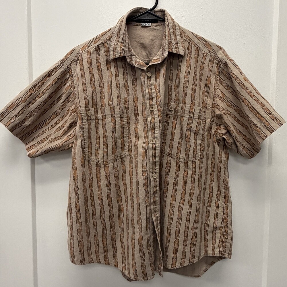 Scratch Men’s Beige Abstract Stripe Button-Down Shirt Med 90s Y2K Dual Pocket